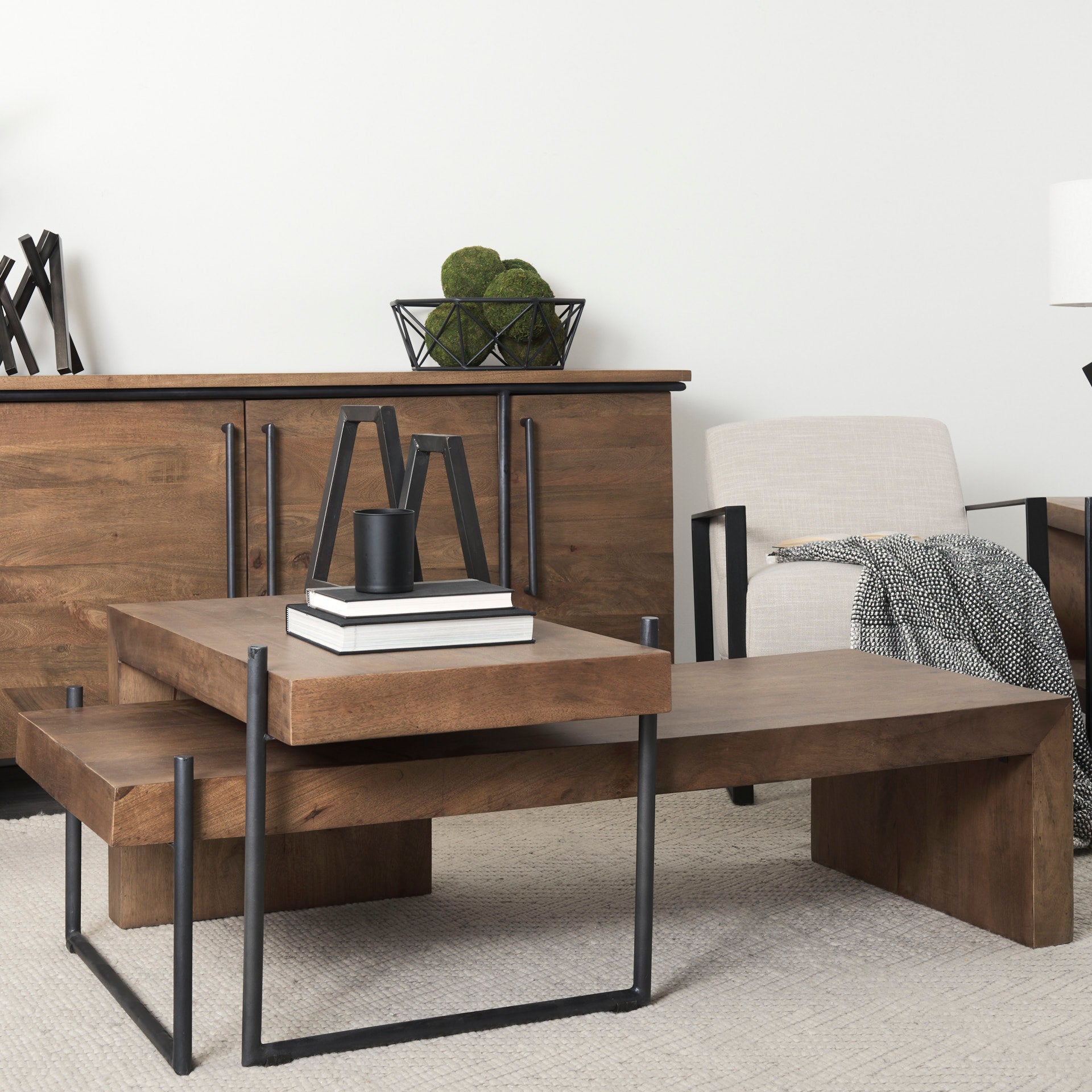 Maddox III Brown Solid Wood Top Black Metal Base Nesting Coffee Tables (Set of 2) | Calgary Furniture Store