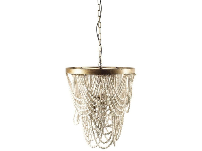 Pendra Gold Metal Whitewashed Wooden Bead Three Bulb Chandelier | Calgary Furniture Store