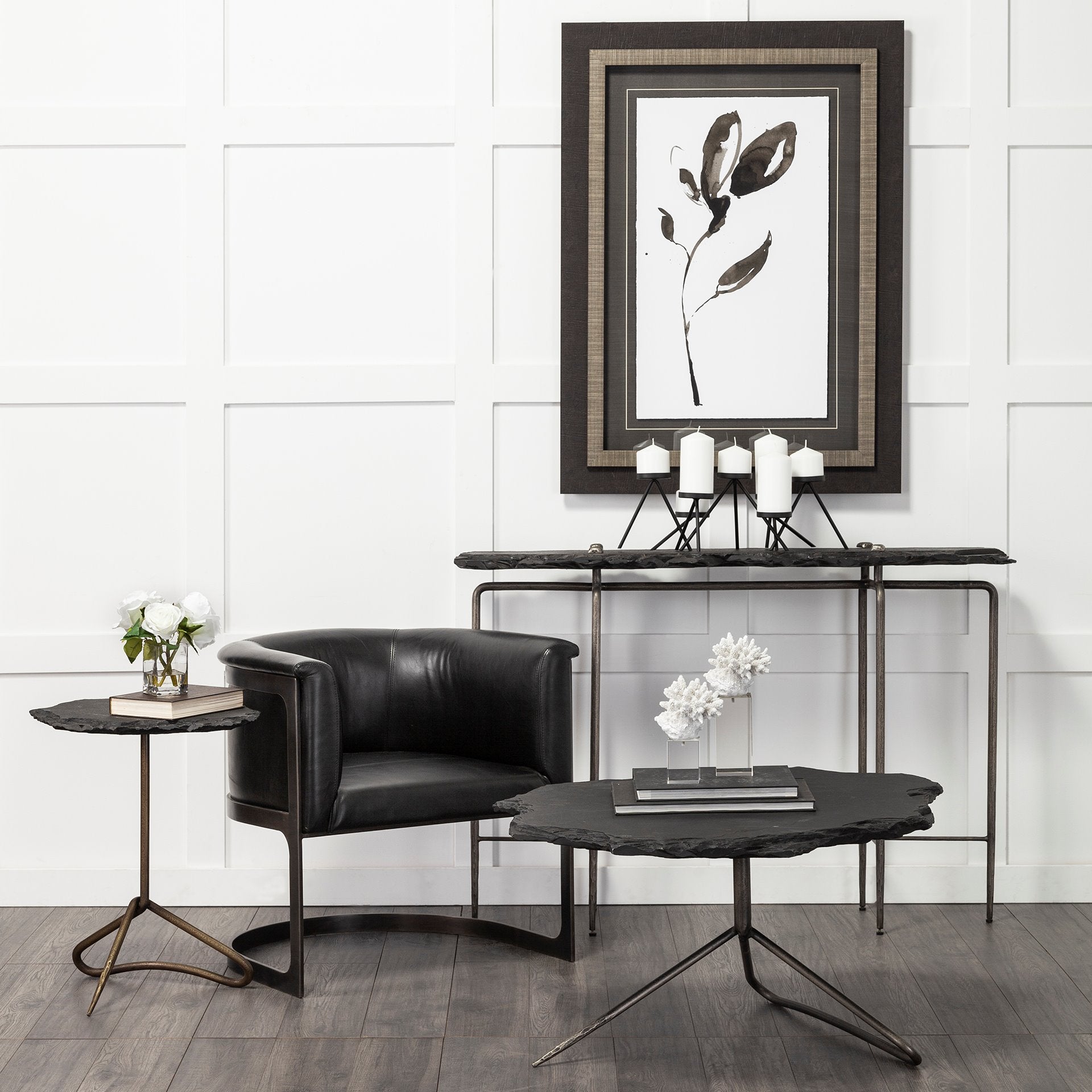 Pinera III Console Table - Black Slate with Iron Base | Calgary Furniture Store