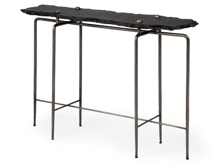Pinera III Console Table - Black Slate with Iron Base | Calgary Furniture Store