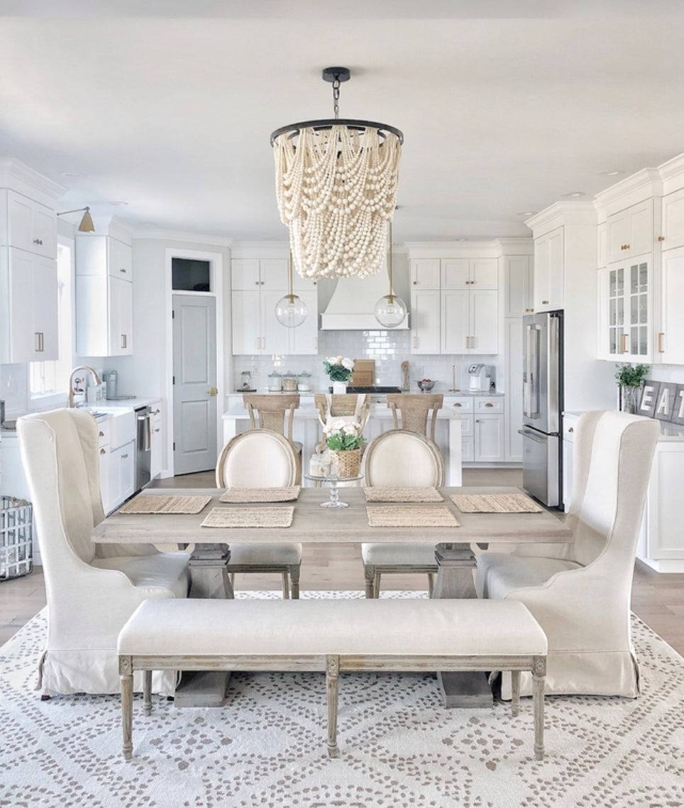 Pendra Gold Metal Whitewashed Wooden Bead Three Bulb Chandelier | Calgary Furniture Store