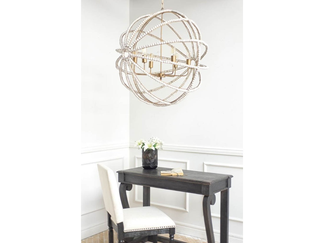 Ava White Gold Metal and White Wood Beaded Six Bulb Chandelier | Calgary Furniture Store