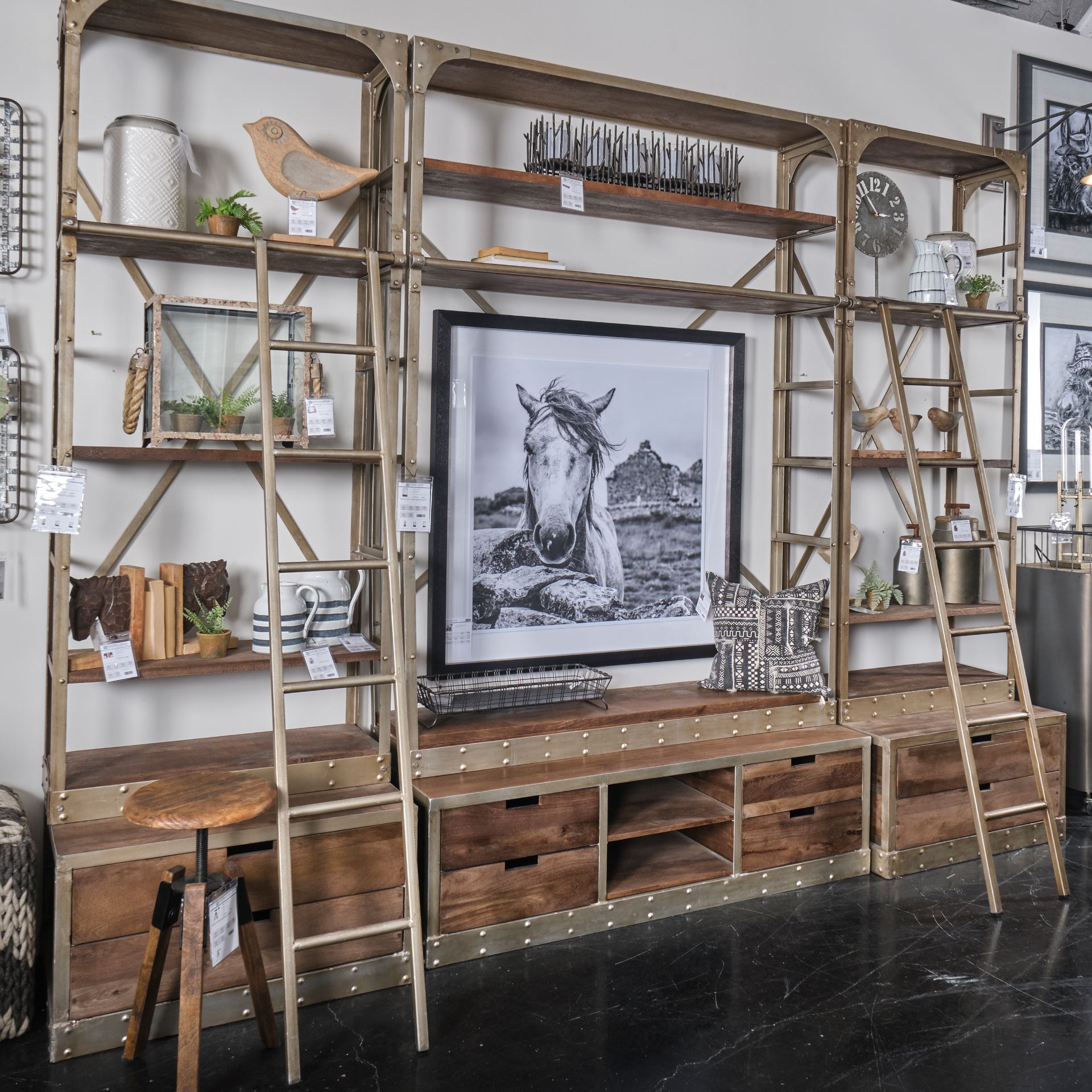 Brodie VI Wood Nickle Ladder Four Shelf Shelving Unit | Calgary Furniture Store