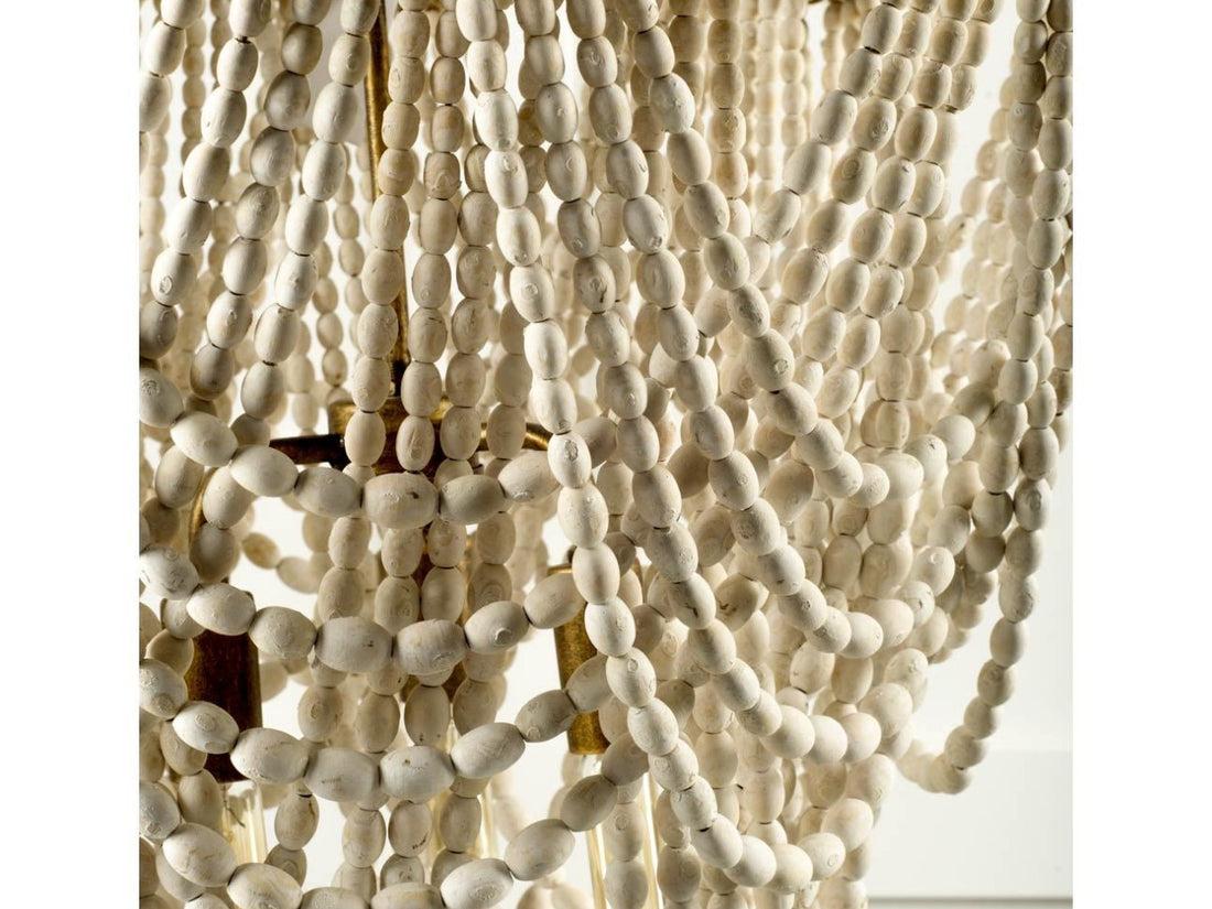 Pendra Gold Metal Whitewashed Wooden Bead Three Bulb Chandelier | Calgary Furniture Store