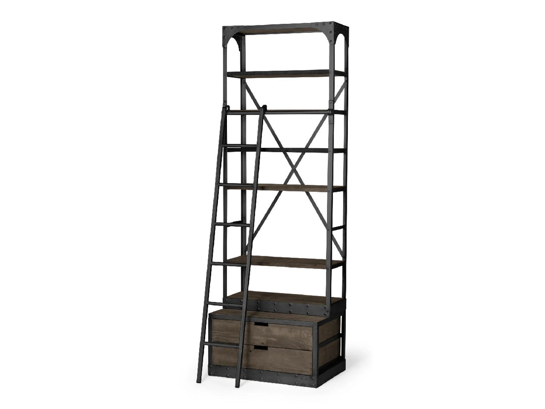 Brodie VII Brown Wood Gun-Metal Bracing Four Shelf Shelving Unit | Calgary Furniture Store