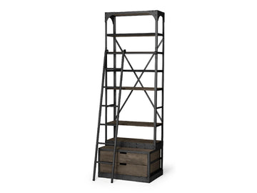 Brodie VII Brown Wood Gun-Metal Bracing Four Shelf Shelving Unit | Calgary Furniture Store